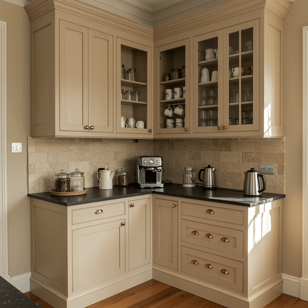 Custom coffee nook with wood cabinetry and open shelving in a bright kitchen, designed by a Westfield, IN cabinet and closet specialist