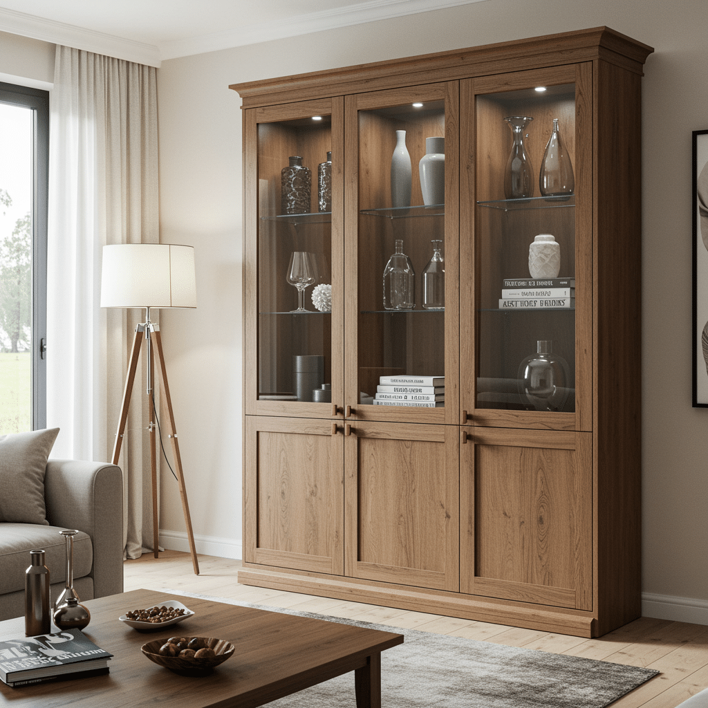 Custom-built display cabinet with glass doors in a stylish living room, highlighting decorative vases and books for a home in Westfield, IN