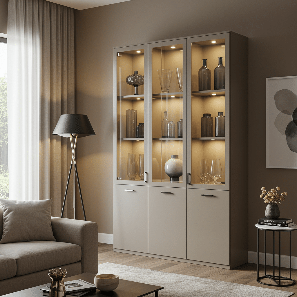 Custom display cabinet with glass doors and interior lighting in a modern living room, built by Innovative Cabinets & Closets in Westfield, IN.