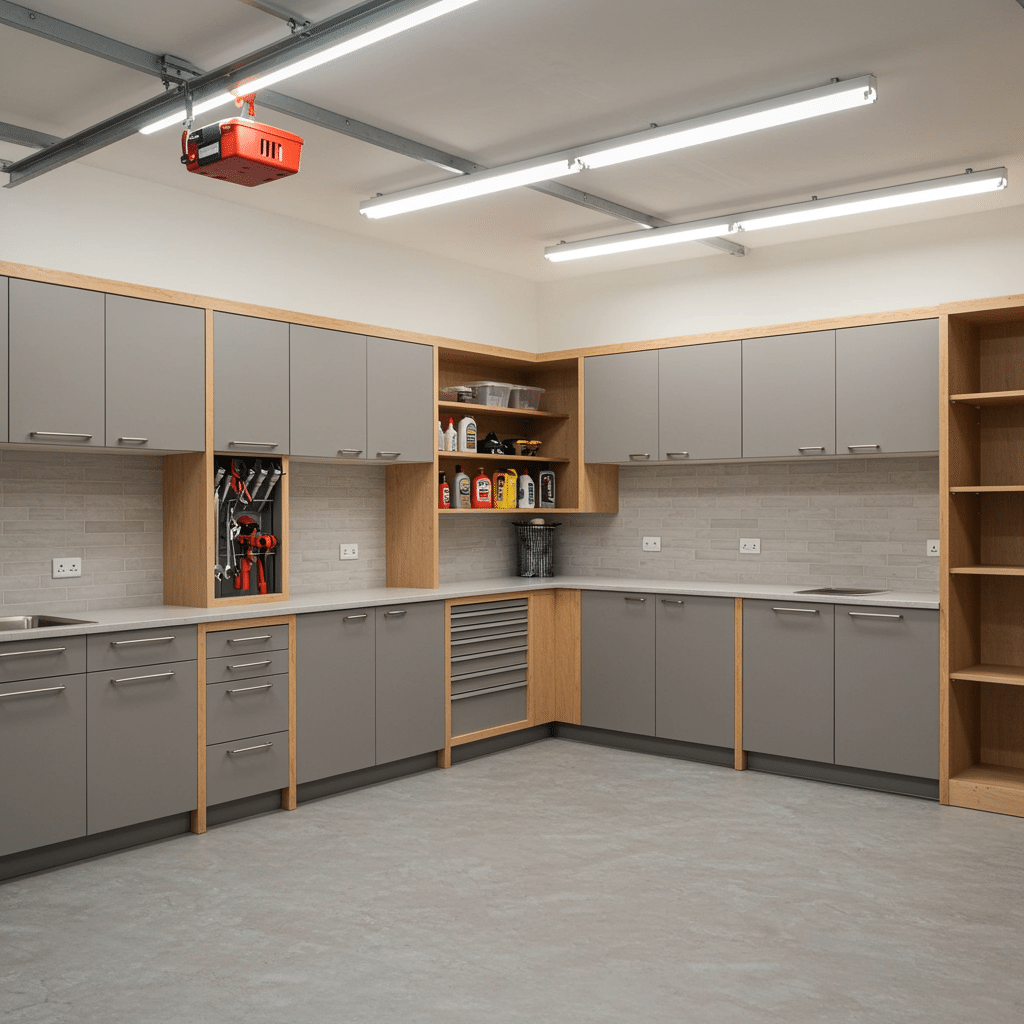 Beautiful custom garage cabinets and storage system in an organized home garage, featuring spacious wooden cabinets and tidy shelving in Westfield, IN