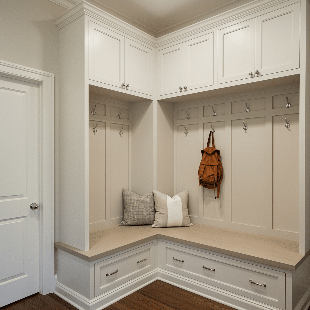 Beautifully organized custom mudroom featuring built-in cabinets, bench seating, and storage cubbies with modern finishes in a Westfield, IN home