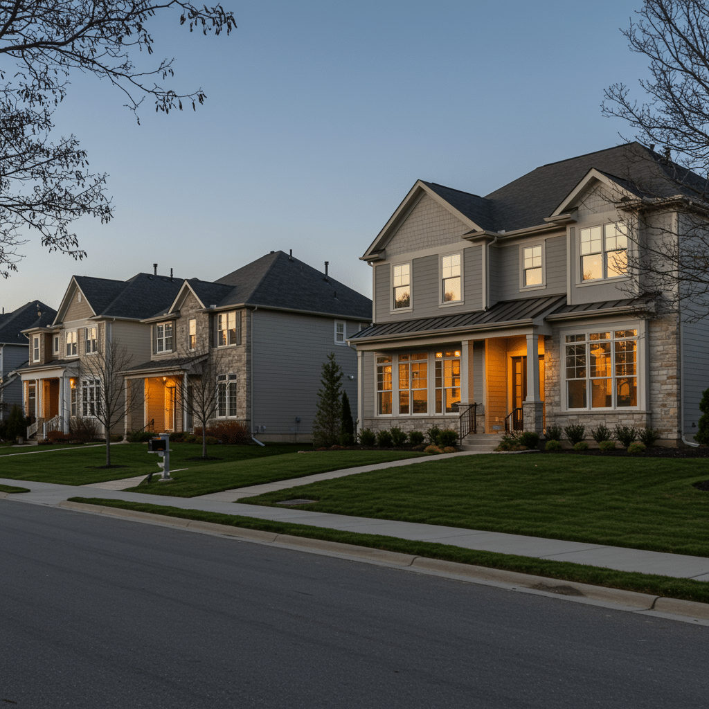 Carmel IN neighborhood street view with beautiful homes featuring custom cabinets and closets by Innovative Cabinets & Closets, serving Westfield Indiana and surrounding areas