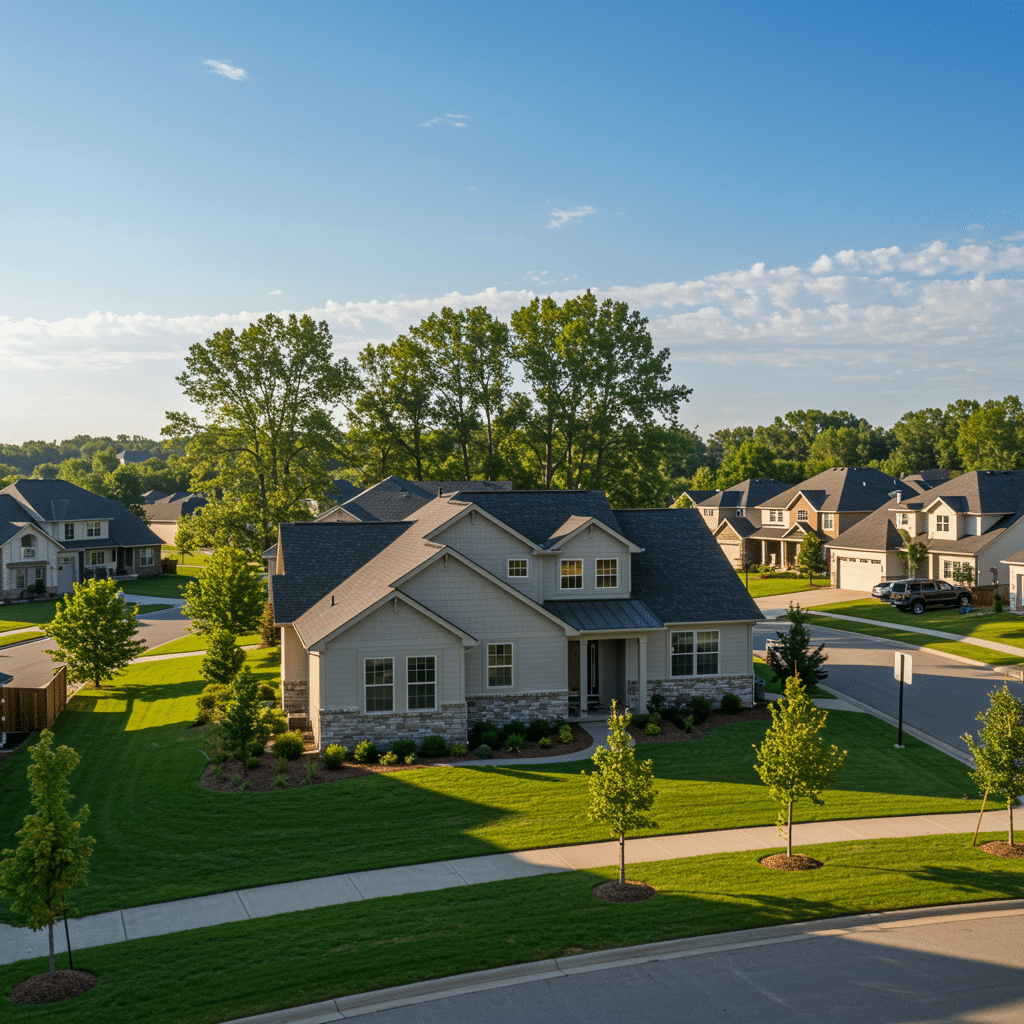 Wide view of a modern Fishers, IN neighborhood highlighting homes with custom cabinetry and closet features, representing Innovative Cabinets & Closets services near 17401 Tiller Ct Ste H Westfield IN