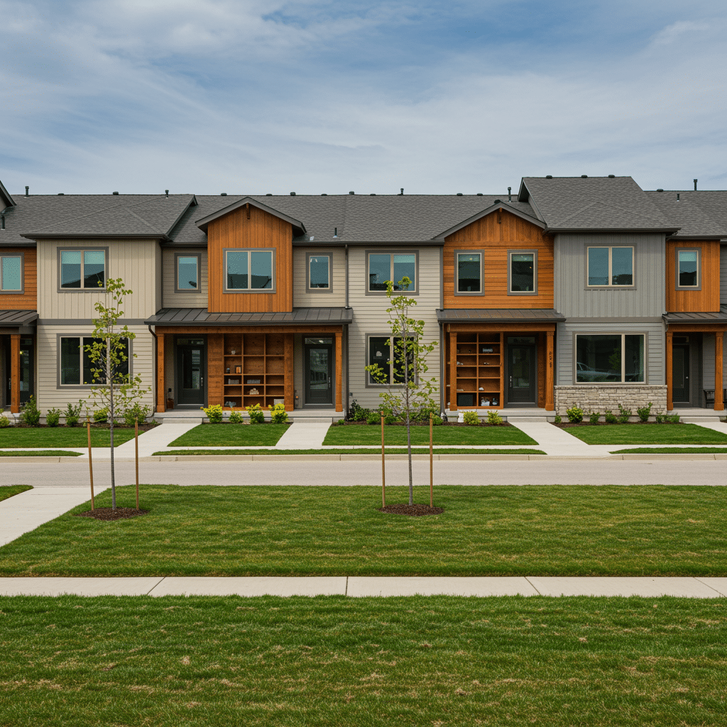 Street view of a Fortville, IN neighborhood with modern homes showcasing glimpses of custom cabinets and organized storage through windows, representing Innovative Cabinets & Closets services in Westfield, IN and surrounding areas.