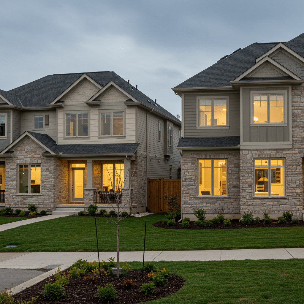 Street view of a Fortville neighborhood with modern homes, showcasing glimpses of custom cabinets and closets by Innovative Cabinets & Closets in living areas and kitchens, representing bespoke storage solutions near Westfield, IN.