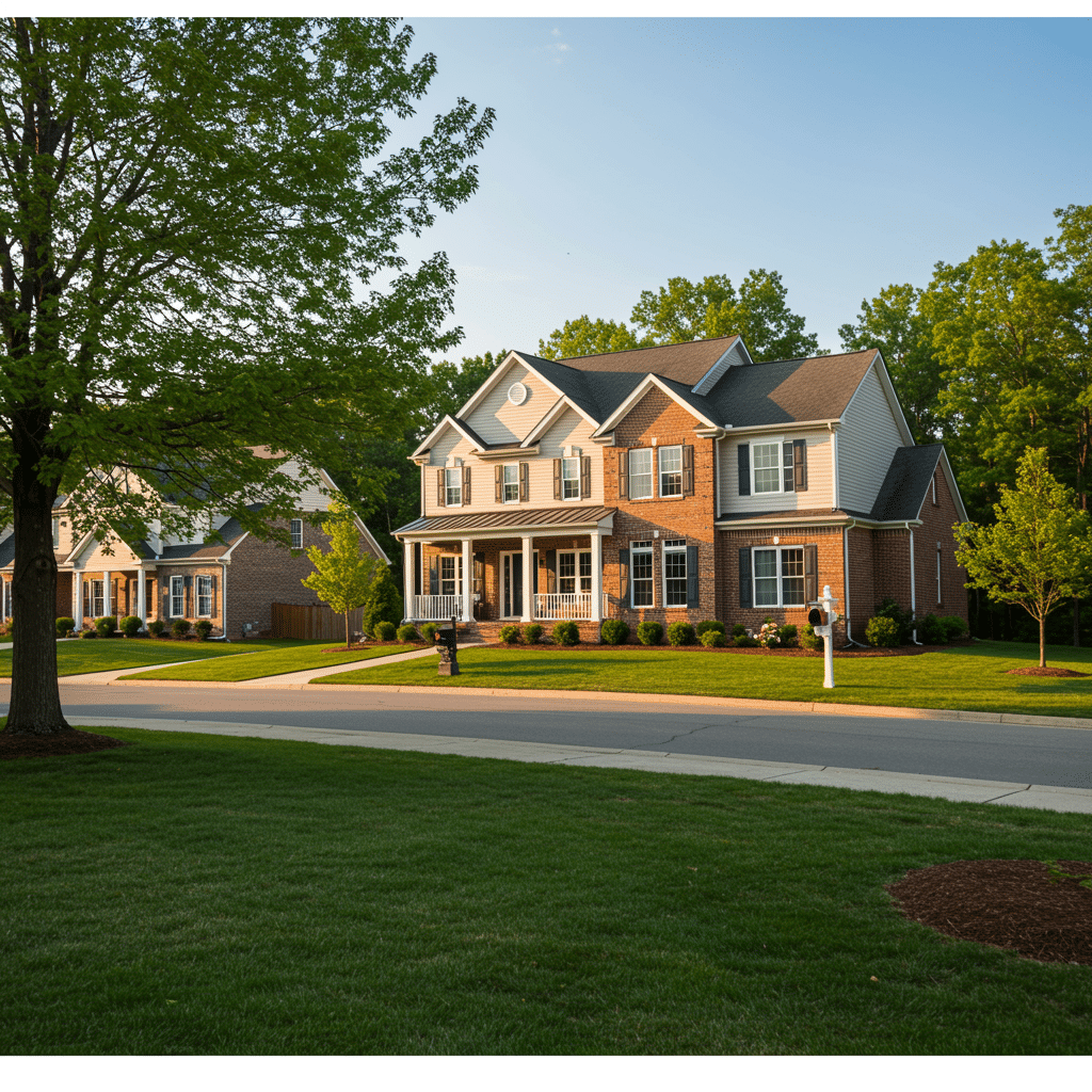 Exterior view of a Lebanon, IN residential neighborhood highlighting homes with custom cabinetry features visible through windows, showcasing the craftsmanship of Innovative Cabinets & Closets in Westfield, Indiana.