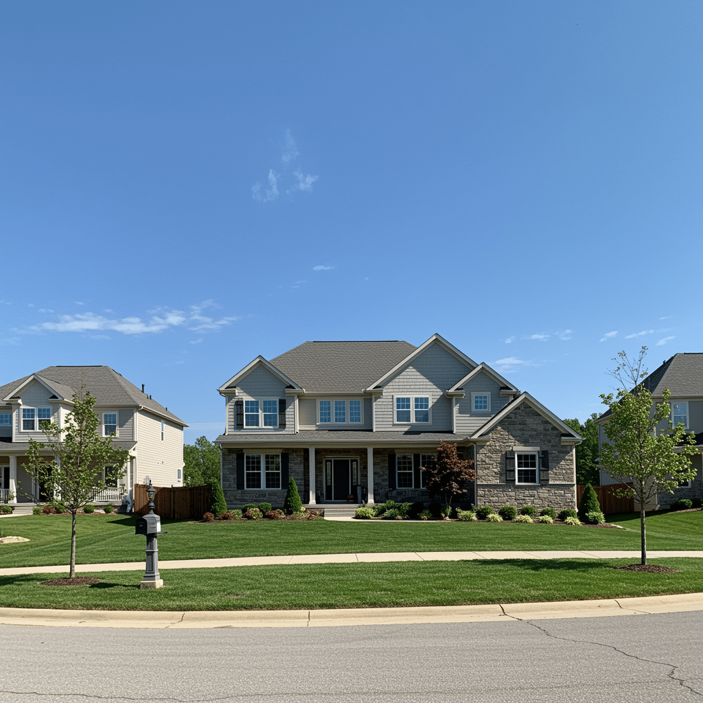 Panoramic view of upscale Noblesville neighborhood homes, highlighting exteriors that suggest custom cabinets and closet features by Innovative Cabinets & Closets, serving Westfield, IN and surrounding areas