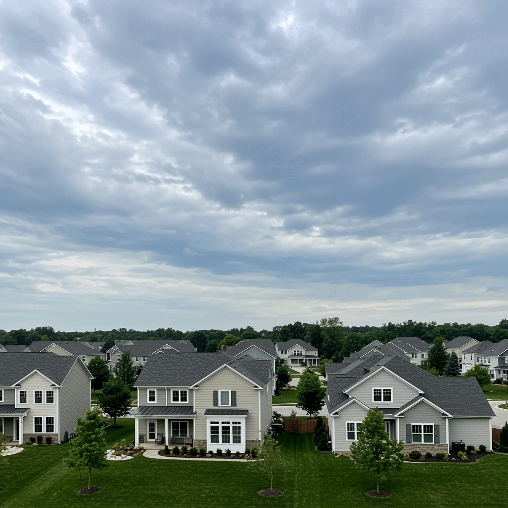 Wide neighborhood view of upscale Noblesville homes highlighting custom cabinets and closet features by Innovative Cabinets & Closets, serving Westfield, IN and the surrounding areas