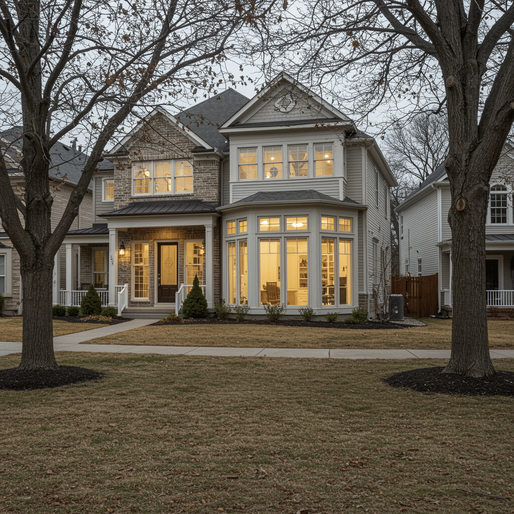 Sheridan Indiana neighborhood showcasing upscale homes with glimpses of custom cabinets and closets inside, designed by local experts serving Westfield and surrounding areas.