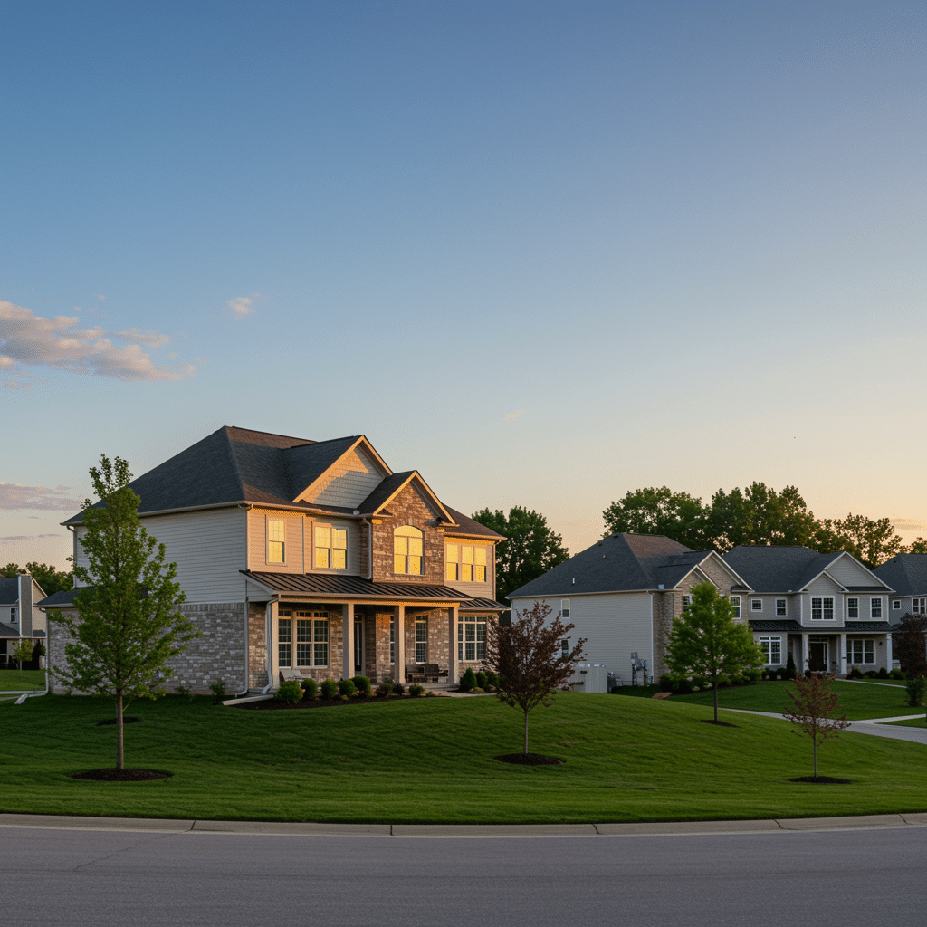 Wide view of a high-end Westfield, IN neighborhood with elegant homes showcasing beautiful custom cabinetry and built-in closets, surrounded by manicured lawns and mature trees for Innovative Cabinets & Closets service area.