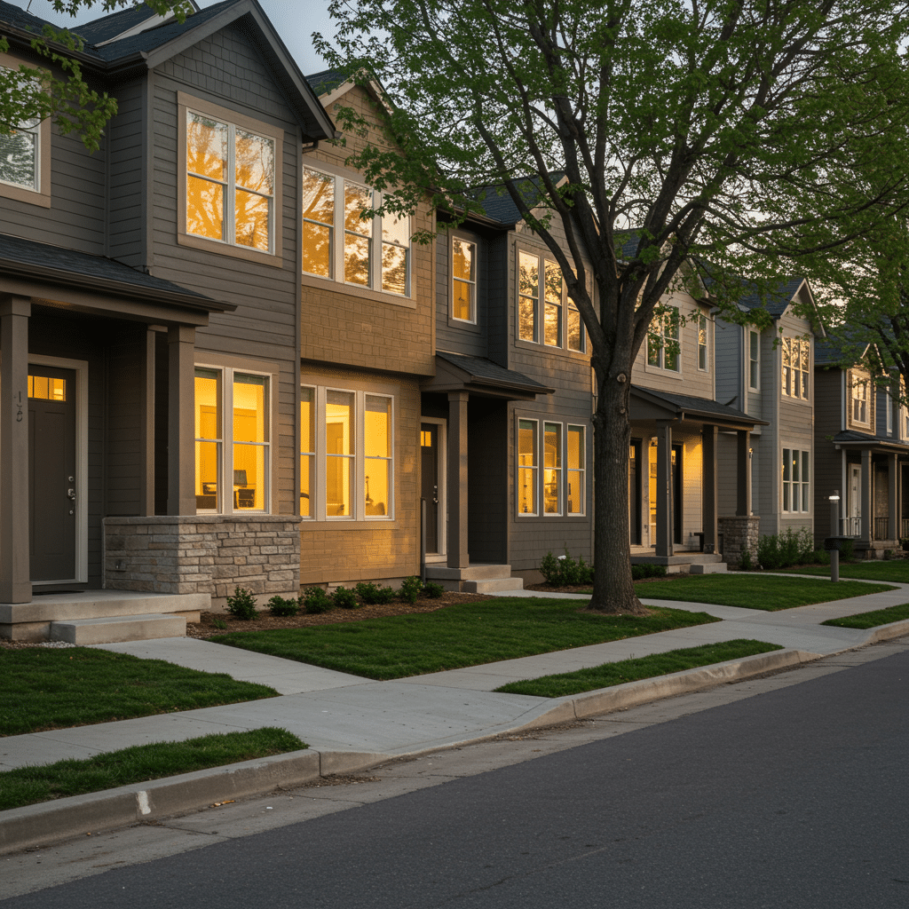 Custom built-in cabinets and closets featured in modern Westfield, IN homes, with elegant wood cabinetry visible through spacious windows in a quiet residential neighborhood, serving local homeowners in Westfield and surrounding areas.