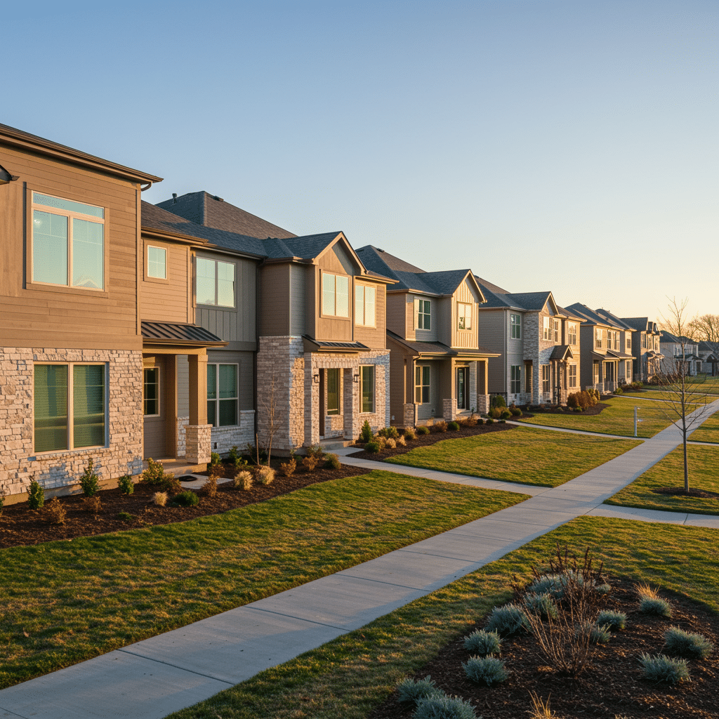 Panoramic view of a Whitestown, IN neighborhood with modern homes featuring visible custom cabinetry through large windows, representing Innovative Cabinets & Closets service area near Westfield, IN.