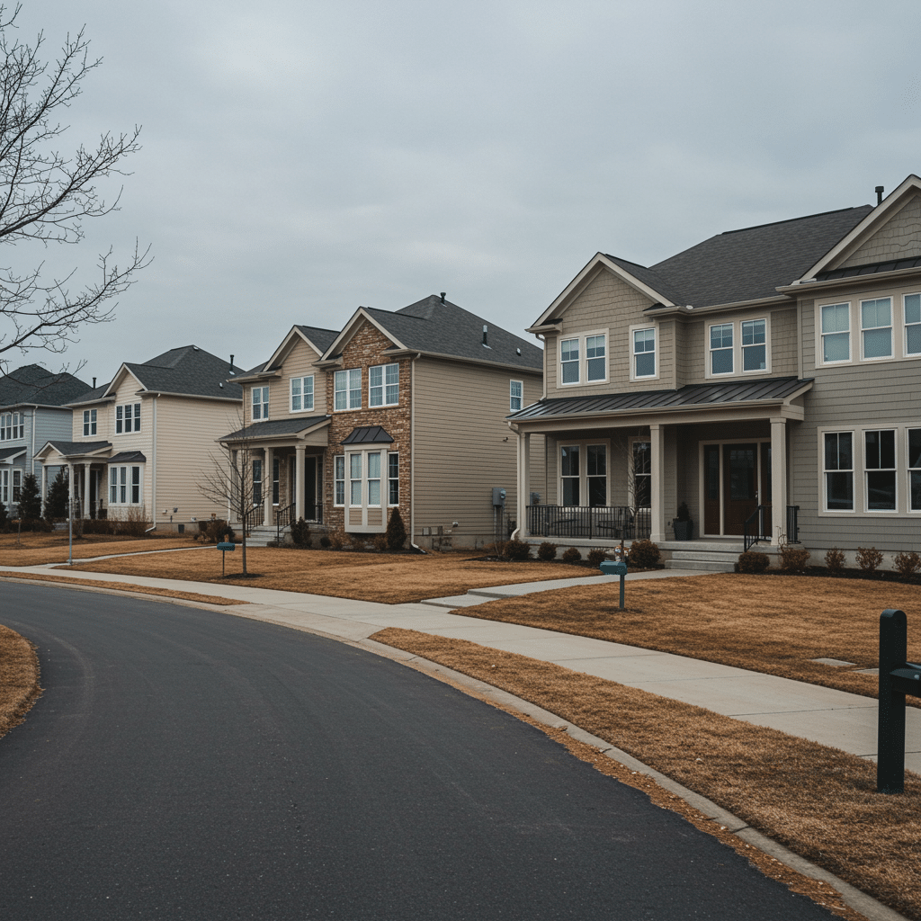 Wide view of a Zionsville, IN neighborhood with beautiful homes featuring custom cabinets and closet solutions, representing Innovative Cabinets & Closets service area near Westfield, IN.
